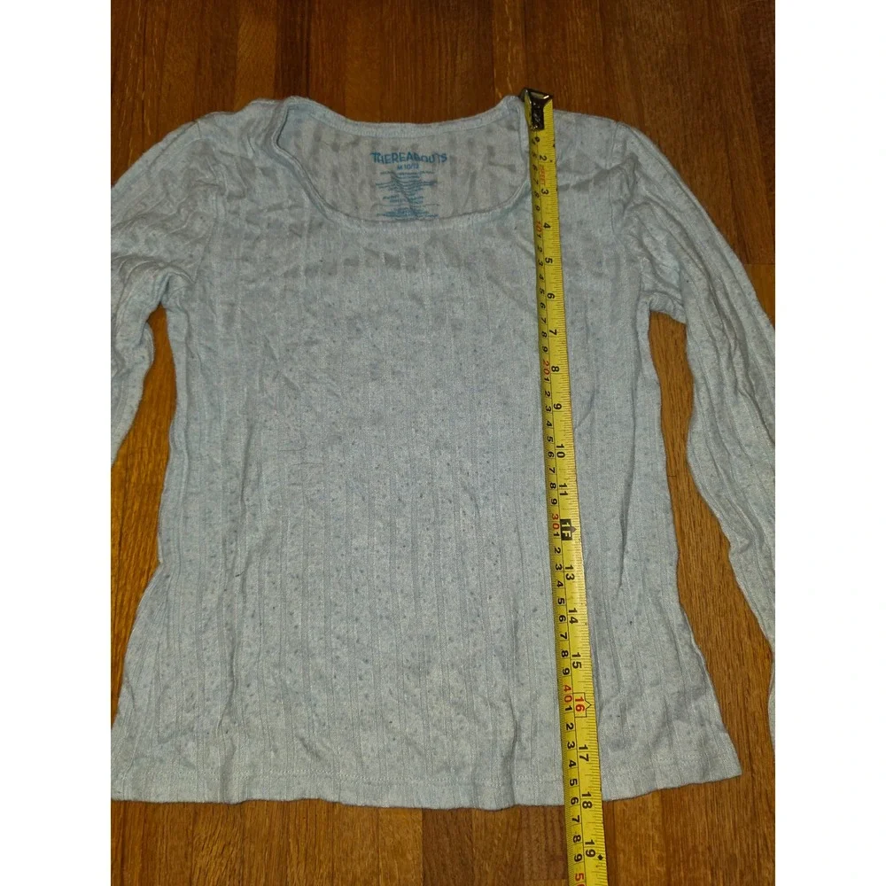 Thereabouts Girl Medium 10/12 Blue Ribbed Pointelle Scoop Neck Long Sleeve Top